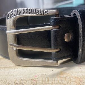 Denim Republic Black Leather Belt with Branded Metal Buckle